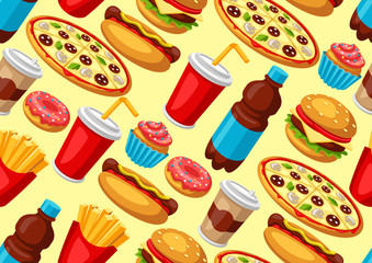 Seamless pattern with fast food meal. Tasty fastfood lunch products.