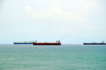 Cargo ships waiting near Cristobal, Panama to enter  Panama Canal.