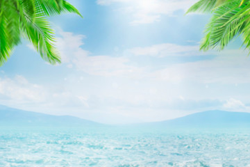 Fototapeta na wymiar Blurred summer natural marine tropical blue background with palm leaves and sunbeams of light. Sea and sky with white clouds. Copy space, summer vacation concept