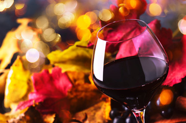 Red wine in wine glass, autumn still life with red and yellow leaves, wine tasting, copy space, selective focus