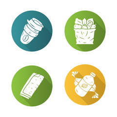 Zero waste swaps handmade flat design long shadow glyph icons set