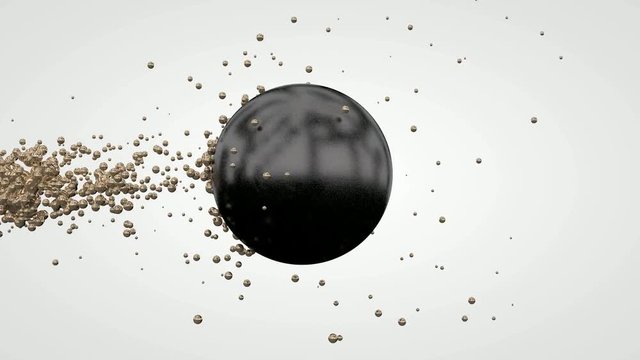3D animation of an iron ball in the space that envelops the flow of liquid gold.