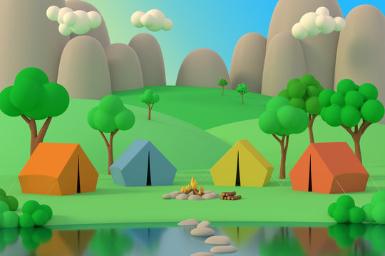 Summer camp in the forest in the afternoon on a background of mountains. Colored tents around the fire. 3D render