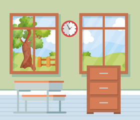 academic classroom with desk and clock between windows