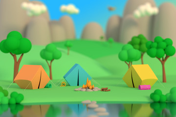 Summer camp in the forest in the afternoon on a background of mountains. Colored tents around the fire. Defocus effect. 3D render