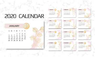 Calendar 2020 template. 12 Months. Design with Geometrical art lines. Week Starts Sunday