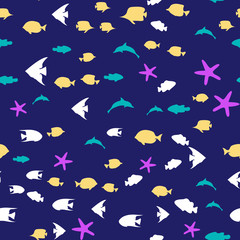 Underwater world in deep ocean. Silhouette of different fishes. Seamless vector EPS 10