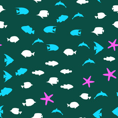 Underwater world in deep ocean. Silhouette of different fishes. Seamless vector EPS 10