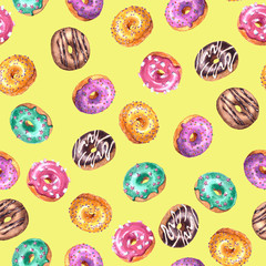 Set of watercolor hand drawn sketch illustration of colorful glazed donuts isolated on yellow background. Seamless pattern