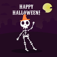 Vintage Halloween poster design with vector vampire character with orange magic hat and halloween bacground