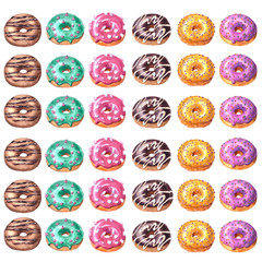 Set of watercolor hand drawn sketch illustration of colorful glazed donuts isolated on white background.