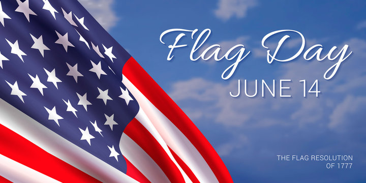 14th June - Flag Day in the United States of America. Vector banner design template with American flag and text on realistic sky background.