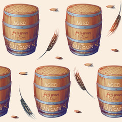 Whiskey making process from grain to bottle. Scotch whiskey oak cask with some barley ears and grains. Seamless pattern. EPS10 vector illustration.