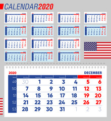 Quarterly calendar of 2020 with weekly numbers. English version. Vector illustration