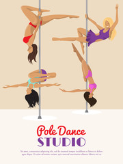 Woman pole dancing studio poster sexy female vector illustration. Professional sensuality human strong performance gymnastics lady. Dancer girls fitness pose exercising poledance school club.