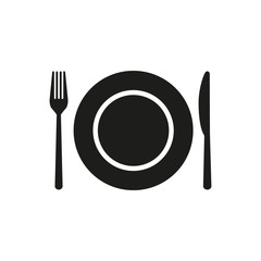 Fork, knife, plate. Vector illustration. Flat design.