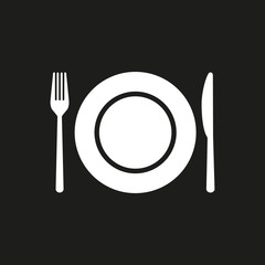 Fork, knife, plate on black background. Vector.