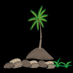 Fototapeta premium Palm tree embroidery stitches imitation on black background.
