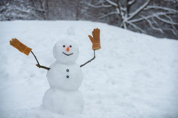 Snowman in a scarf and hat. Greeting snowman. Cute snowmen standing in winter Christmas landscape....