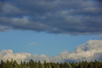 Gorgeous view of beautiful thunderclouds in blue sky above green tree tops. Beautiful nature backgrounds.