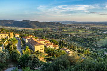 The scenic landscape of Tuscan hills and countryside viewed from Cortona, Arezzo province, Italy