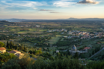 Typical Tuscan landscape viewed from Cortona, a medieval town in Arezzo province, Italy