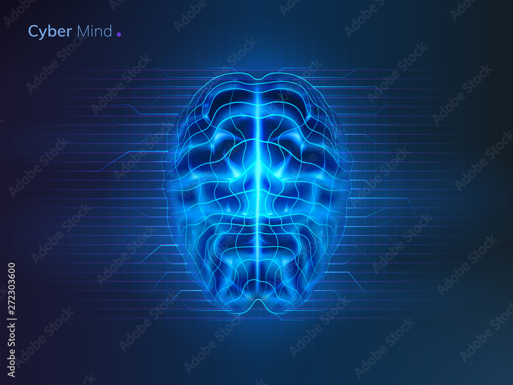 Poster Cyber mind or artificial intelligence brain. Neural network or machine learning background. Futuristic AI thinking. Cyberbrain and cyberspace, human and robot. Future technology concept