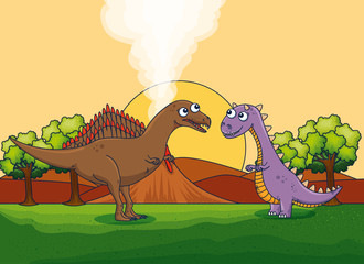 spinosaurus and carnotaurus with volcano smoke and trees
