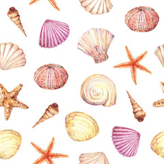 Watercolor seamless pattern with underwater life objects - seashells, starfish and sea urchin. - 272303675