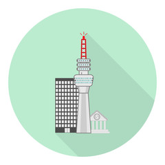 flat tv tower icon on city background