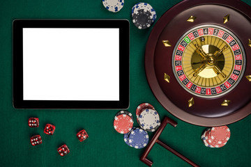 Tablet Device White Screen with Casino Related Items. Gambling Mockup Template
