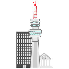 flat tv tower icon on city background