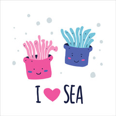Cute doodle sea creatures I love sea lettering