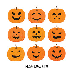 Set of halloween pumpkins, funny faces. Autumn holidays. Vector illustration