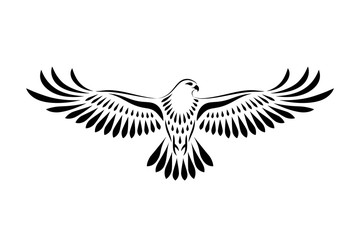Engraving of stylized hawk. Decorative bird. Linear drawing. Flying bird. Stencil art