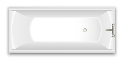 Rectangular bathtub. View from above. Mixers of water taps. Realistic style Isolated on white background. Vector illustration.