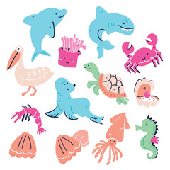 Cute set of hand drawn sea animals isolated