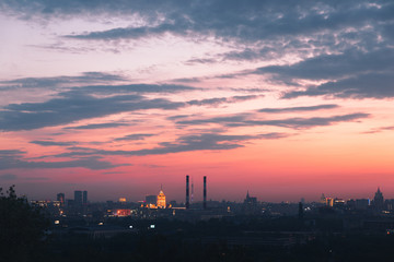 Sunrise over Moscow, view from the observation deck on the Sparrow hills.
