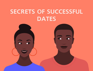 Portrait of a man and woman dreaming of love. Good date. Vector flat illustration