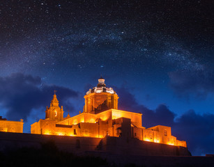 St. Paul's Cathedral under starry sky. Mdina, Malta