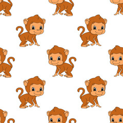 Happy monkey. Colored seamless pattern with cute cartoon character. Simple flat vector illustration isolated on white background. Design wallpaper, fabric, wrapping paper, covers, websites.