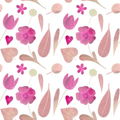 seamless pattern with cute watercolor illustration of stylized flowers.