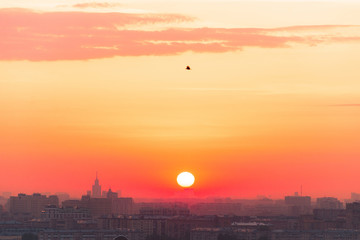 Sunrise over Moscow, view from the observation deck on the Sparrow hills.