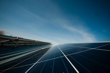Solar panel against blue sky .Blue solar panels.