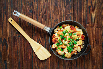 Fried potatoes, homemade, oven, bacon, cubed, crispy, sliced, pan, breakfast, easy, Home Dinner