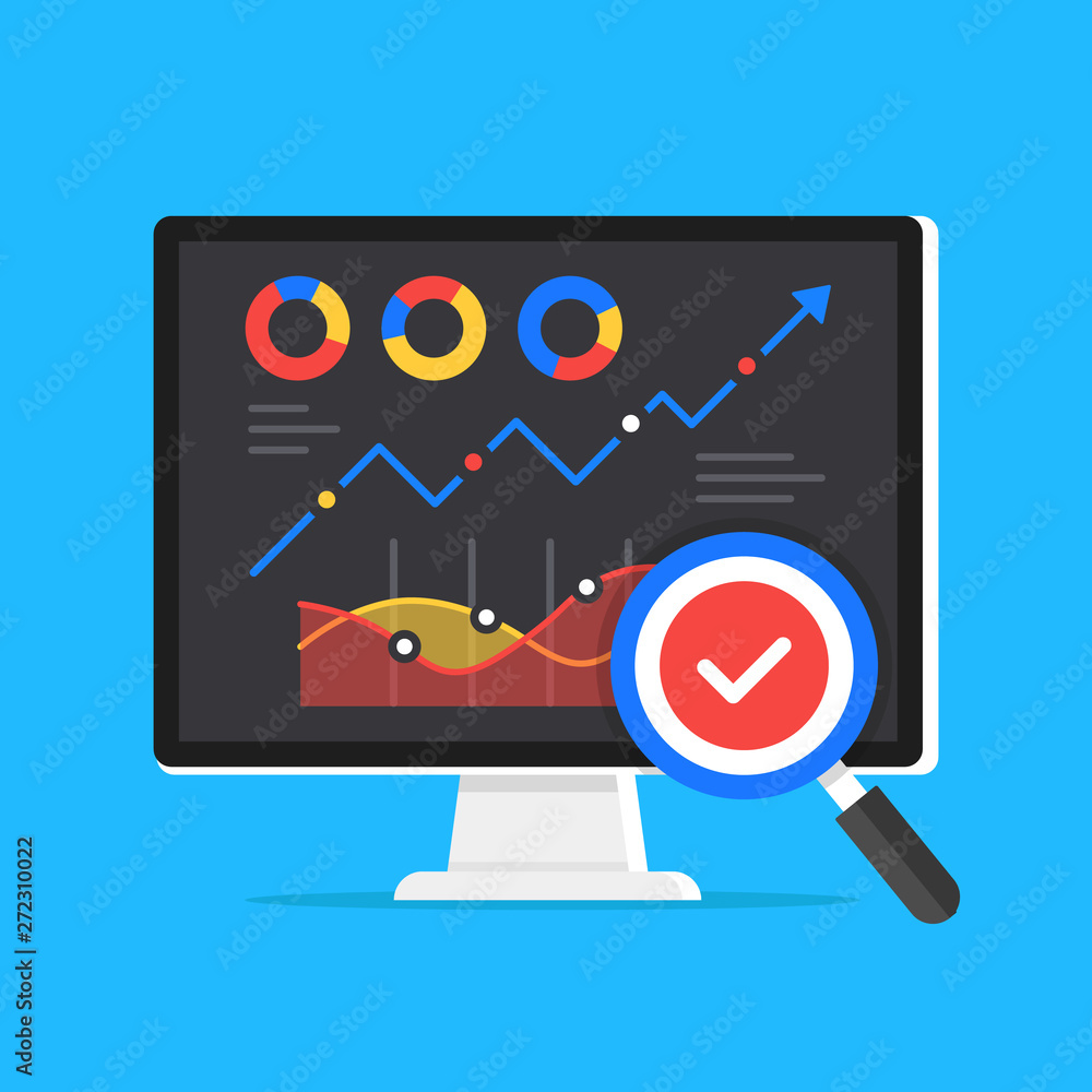 Poster data analysis, data analytics concepts. computer with infographics on screen and magnifying glass wi