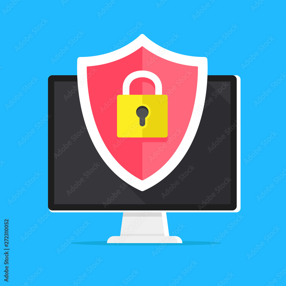 Fototapete computer security, data protection, cybersecurity concepts. desktop computer with shield and lock on