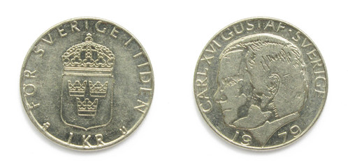 Swedish 1 Crowns (Krona, kronor) 1979 year coin. Coin shows a portrait of Swedish king Carl XVI...