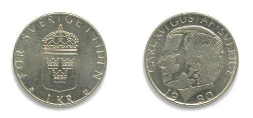 Swedish 1 Crowns (Krona, kronor) 1980 year coin. Coin shows a portrait of Swedish king Carl XVI...