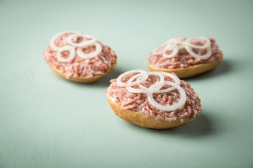 Deutsche Mettbrötchen mit rohen Schweine Mett, Brötchen, Butter, Zwiebeln, Pfeffer und Mett auf Mint Grün Pastell Hintergrund